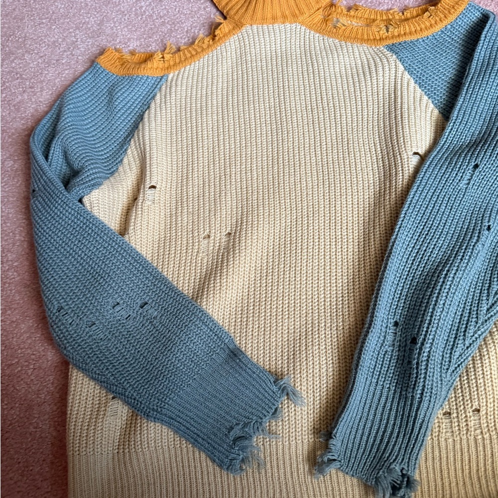 Daytrip Off-the-Shoulder Sweater in Yellow and Blue